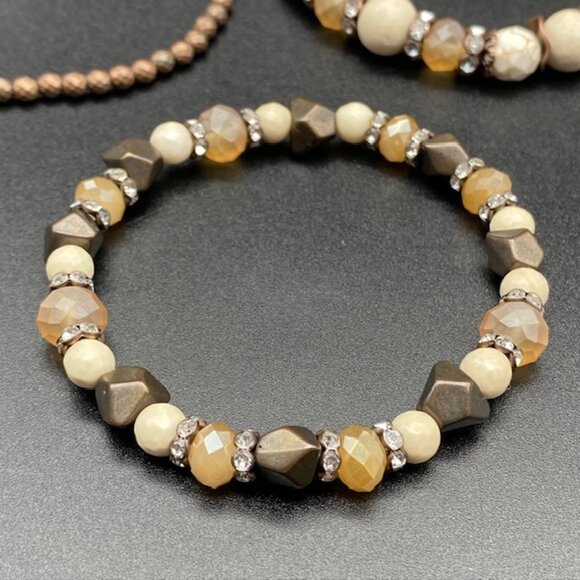 3pc Elegant Beaded Bracelet Set in Cream, Brown and Gold Tones - Picture 5 of 8